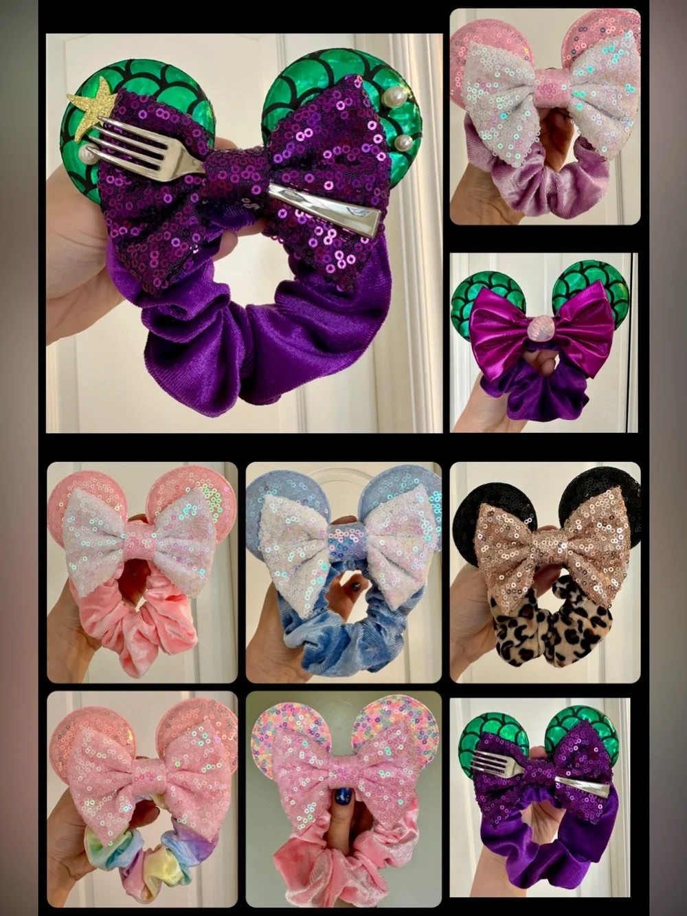 Minnie Mouse Ears Purple Velvet Scrunchie, Light Blue Sequined Bow